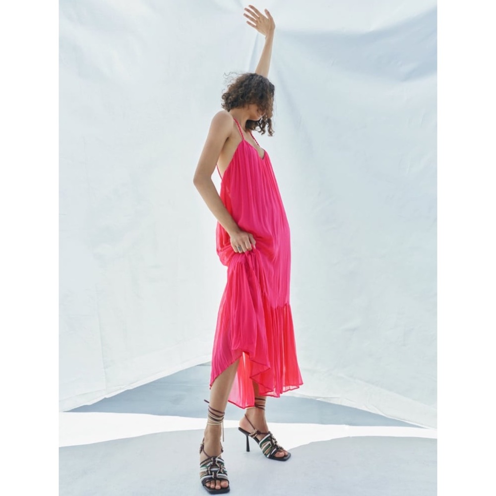 ZARA Fuchsia RIBBED DRESS VOLUMINOUS DRESS WITH BRAIDED STRAPS - Picture 15 of 16